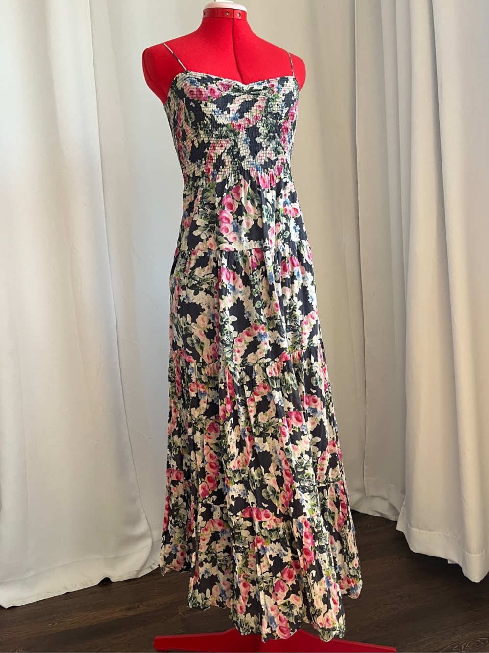 Rebecca Taylor Black Floral Smocked Maxi Dress with Pink Blooms